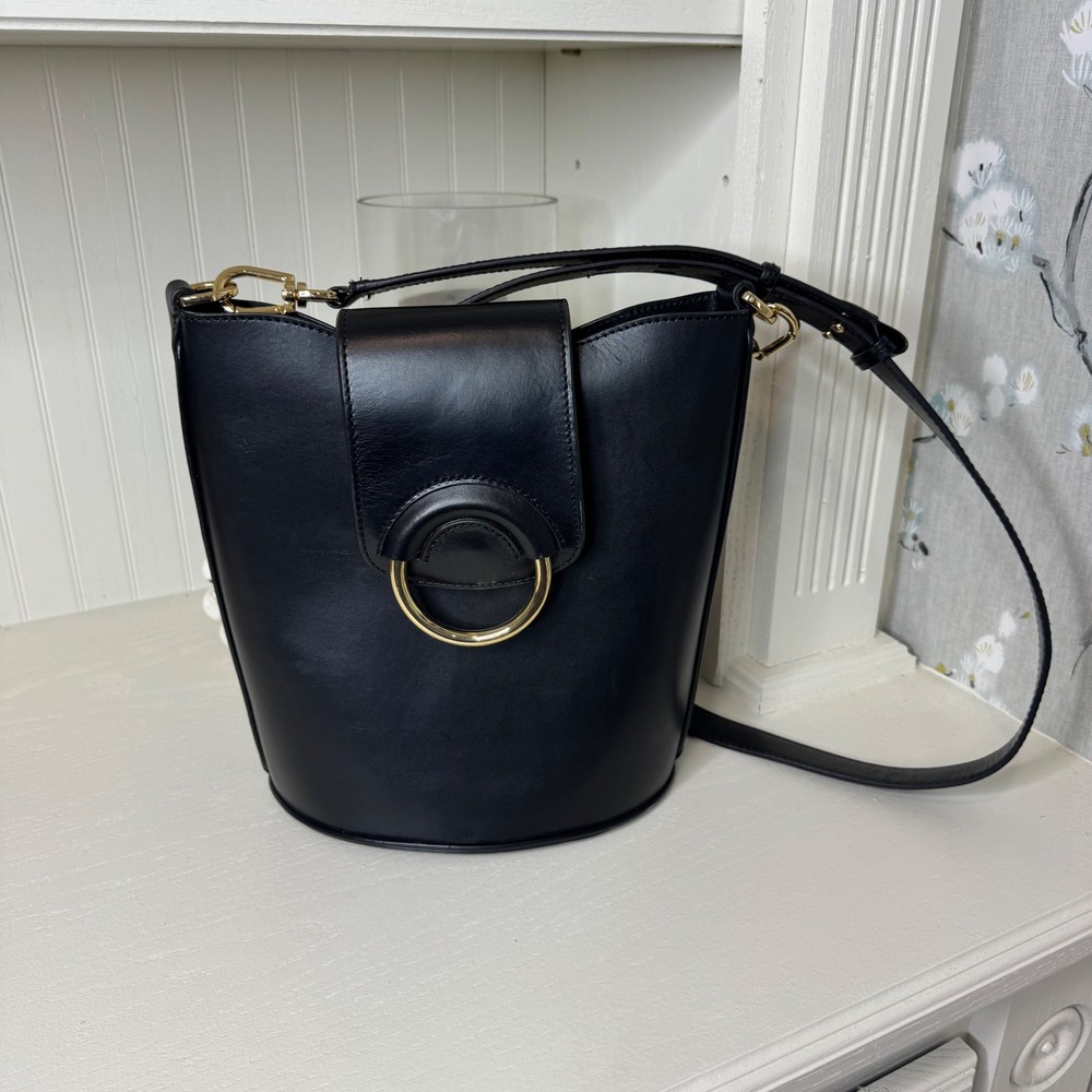 Banana Republic Black Leather Bucket Crossbody with Gold Ring